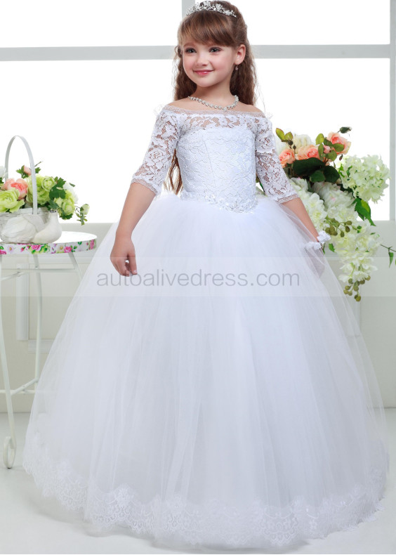 Off Shoulder White Lace Tulle Simple Flower Girl Dress
